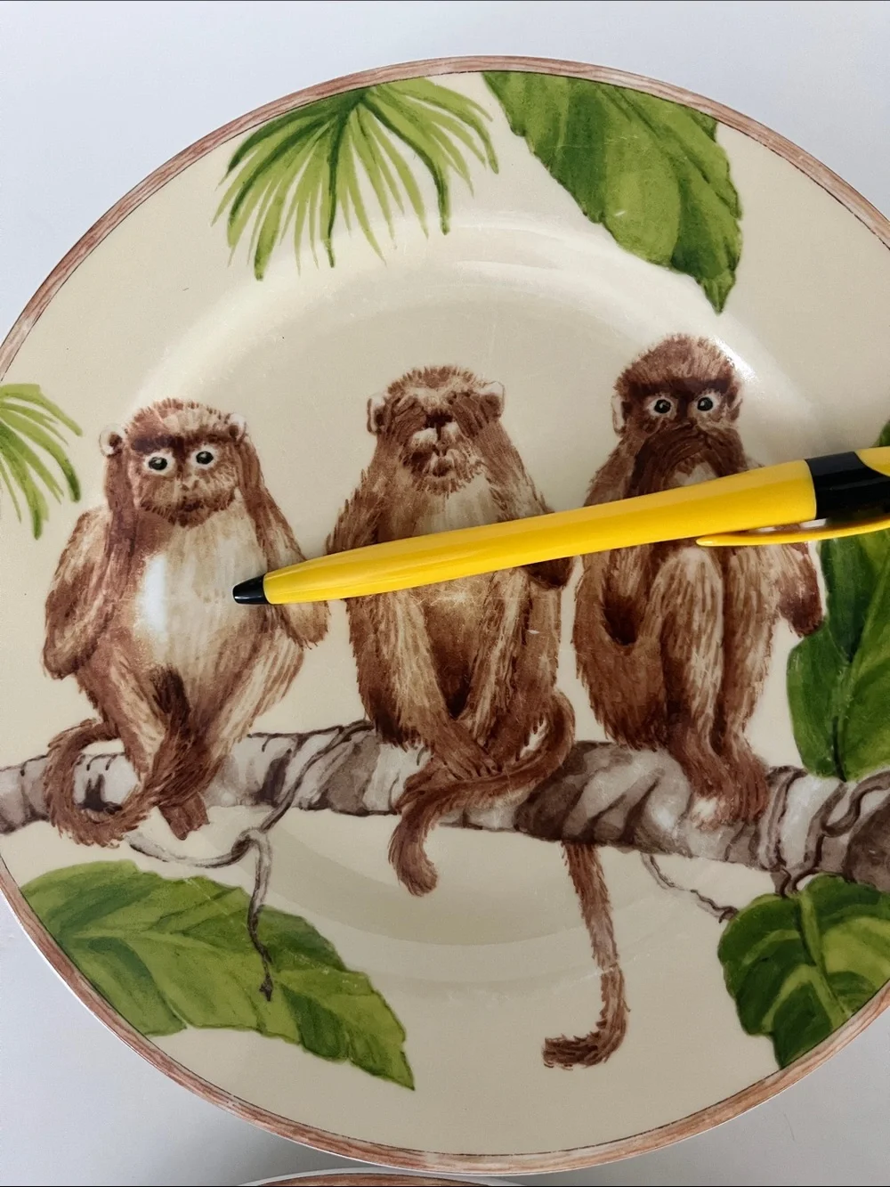 American Atelier Three monkeys porcelain salad plates hear see speak no evil 8”
